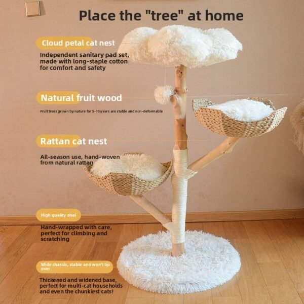 Solid Wood Rattan Eco-friendly All-In-One Cat Climbing Frame Modern Fruit Tree Design Small Footprint Cat Nest Carton Direct