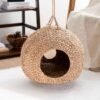 Natural Seagrass Cat Cave Bed Small Animals & Dogs Rattan Pet Hammocks with Striped Pattern Accessory