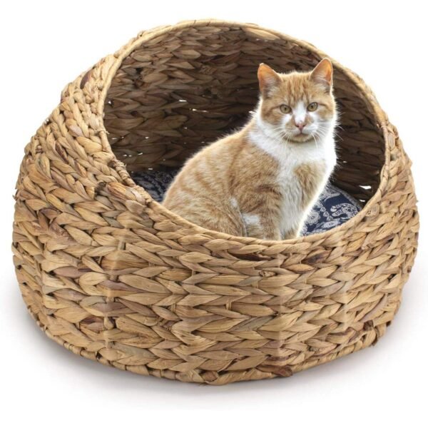 Natural Seagrass Cat Cave Bed Small Animals & Dogs Rattan Pet Hammocks with Striped Pattern Accessory